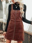 CUPSHE Faux Suede Mini Fall Dresses for Women Square Neck Pull Ring Zipper Front Pockets Wide Straps Casual Autumn Dress, Brown, Large