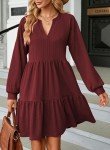 Dokotoo Womens Dresses 2024 Long Sleeve Ruched Notched V Neck Textured Casual Dress Fall Loose Tiered Ruffle A-Line Flowy Swing Solid Color Cute Mini Babydoll Tunic Short Dress Red Small