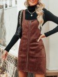 CUPSHE Faux Suede Mini Fall Dresses for Women Square Neck Pull Ring Zipper Front Pockets Wide Straps Casual Autumn Dress, Brown, Large