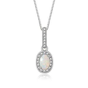 14K White Gold Opal & Diamond Pendant Necklace