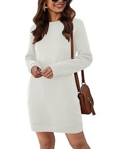 Vemubapis Women Crewneck Sweatshirt Dress Long Sleeve Casual Mini Dresses Pullover Pockets White S