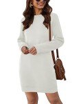 Vemubapis Women Crewneck Sweatshirt Dress Long Sleeve Casual Mini Dresses Pullover Pockets White S