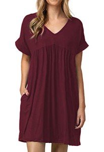 Jayscreate Women's Summer Tshirt Dress Babydoll Casual Mini Tunic Ruched Pleated Red Aline Flowy Overall Dress for Women with Pockets Loose Fit