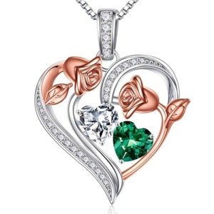 Personalized Rose Heart Birthstone Necklace for Women