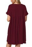 Jayscreate Women's Summer Tshirt Dress Babydoll Casual Mini Tunic Ruched Pleated Red Aline Flowy Overall Dress for Women with Pockets Loose Fit