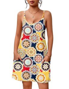 Ekouaer Women Sleepwear Racerback Nightgown Sleep Shirt Spaghetti Strap Nighty Breathable Mini Dress Night Shirt with Pockets Mandala，XL