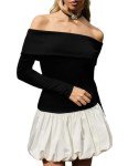 ABINGOO Women Off Shoulder Bubble Mini Dress Casual Patchwork Pleated Puff Short Dresses Elegant Slim Long Slevee Y2k Dress Black White S