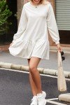 BLENCOT Mini Dresses for Women 2024 Fall Winter Cute Patchwork Long Sleeve Ruffled Crewneck Sweatshirt Dress Casual Sport Pullover Tops White Small