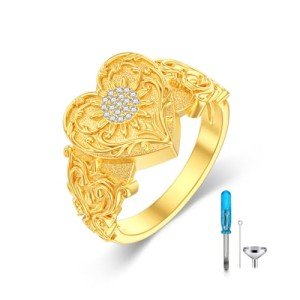 Personalized Gold Sunflower Urn Ring with Diamonds
