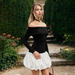 ABINGOO Women Off Shoulder Bubble Mini Dress Casual Patchwork Pleated Puff Short Dresses Elegant Slim Long Slevee Y2k Dress Black White S