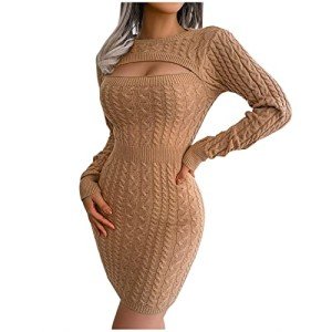 Yihaojia Womens 2023 Fall Sweater Dresses Elasticity V Neck Bodycon Cable Knit Mini Dresses Long Sleeve Elegant Oversized Red Pullover Jumper