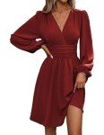 LUJENGEFA Women Dresses Long Sleeve Loose High-Waist Elasticity Casual V-Neck Party Dress Wine Red Small