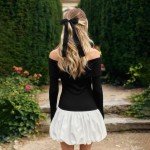 ABINGOO Women Off Shoulder Bubble Mini Dress Casual Patchwork Pleated Puff Short Dresses Elegant Slim Long Slevee Y2k Dress Black White S