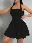 Milumia Women's Halter Mini Dress Backless A Line Flare Party Club Short Dresses, Black, Medium