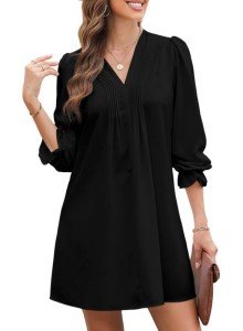 Dokotoo Sun Dresses for Women 2024 Ladies Long Sleeve Shirt Dresses Elegant Fall Sexy V Neck Weeding Guest Dress Pleated Mini Vacation Dresses Loose Fit Basic Black Shirt Dress XX-Large