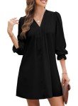 Dokotoo Sun Dresses for Women 2024 Ladies Long Sleeve Shirt Dresses Elegant Fall Sexy V Neck Weeding Guest Dress Pleated Mini Vacation Dresses Loose Fit Basic Black Shirt Dress XX-Large