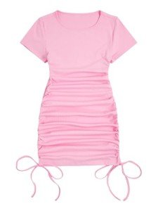 Milumia Women's Casual Rib Knit Short Sleeve Drawstring Ruched Bodycon Mini T Shirt Dress, Pink, XX-Small