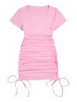 Milumia Women's Casual Rib Knit Short Sleeve Drawstring Ruched Bodycon Mini T Shirt Dress, Pink, XX-Small