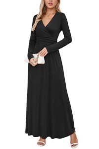 OUGES Women's Black V-Neck Maxi Dress with Pockets