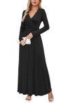 OUGES Women's Black V-Neck Maxi Dress with Pockets