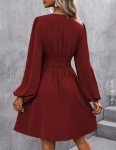 LUJENGEFA Women Dresses Long Sleeve Loose High-Waist Elasticity Casual V-Neck Party Dress Wine Red Small
