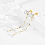 14K Gold Pearl Stud and Chain Earrings for Women