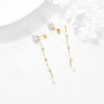 14K Gold Pearl Stud and Chain Earrings for Women