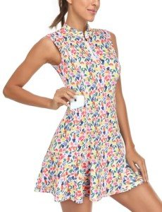 Tanst Sky Women's Workout Dresses with Shorts, Golf Dress for Women with Pockets Quarter Zip Flowy Athletic Activewear Sleeveless Ladies Pickleball Workout Sport Exercise Dry Fit Clothes Fruits Small