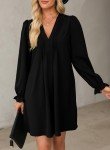 Dokotoo Sun Dresses for Women 2024 Ladies Long Sleeve Shirt Dresses Elegant Fall Sexy V Neck Weeding Guest Dress Pleated Mini Vacation Dresses Loose Fit Basic Black Shirt Dress XX-Large