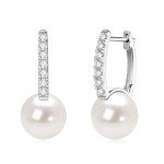 Sterling Silver Pearl Drop Hoop Earrings for Women