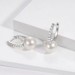 Sterling Silver Pearl Drop Hoop Earrings for Women