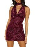 ZAFUL Women's Velvet Mini Dress Cowl Neck Halter Sleeveless Backless Party Bodycon Dress, Wine Red, Small