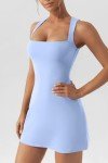 Vozobi Women's Square Neck Bodice Dress Build-in Bras One Piece Flare Slim Super Short Mini Dresses Night Club Party Skirt Light Blue