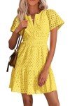 PRETTYGARDEN Women's 2025 Summer Mini Dress Short Sleeve V Neck A Line Hollow Out Lace Ruffle Cute Casual Beach Short Dresses (Yellow,Medium)