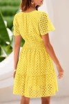 PRETTYGARDEN Women's 2025 Summer Mini Dress Short Sleeve V Neck A Line Hollow Out Lace Ruffle Cute Casual Beach Short Dresses (Yellow,Medium)