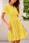 PRETTYGARDEN Women's 2025 Summer Mini Dress Short Sleeve V Neck A Line Hollow Out Lace Ruffle Cute Casual Beach Short Dresses (Yellow,Medium)
