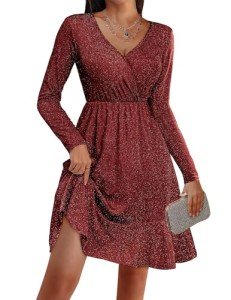 Zeagoo Womens Long Sleeve Glitter Dress Wrap V Neck Dress A Line Cocktail Party Swing Fit and Flare Skater Mini Dress