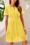 PRETTYGARDEN Women's 2025 Summer Mini Dress Short Sleeve V Neck A Line Hollow Out Lace Ruffle Cute Casual Beach Short Dresses (Yellow,Medium)