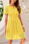 PRETTYGARDEN Women's 2025 Summer Mini Dress Short Sleeve V Neck A Line Hollow Out Lace Ruffle Cute Casual Beach Short Dresses (Yellow,Medium)
