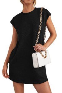 PRETTYGARDEN Women's Summer Short T Shirt Dress Cap Sleeve Crew Neck Casual Loose Basic Mini Dresses (Black,Small)