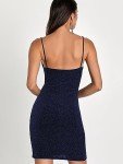 ZAFUL Women's Glitter Bodycon Wrap Dress V Neck Spaghetti Strap Sexy Mini Club Party Dresses, Blue, Small