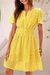 PRETTYGARDEN Women's 2025 Summer Mini Dress Short Sleeve V Neck A Line Hollow Out Lace Ruffle Cute Casual Beach Short Dresses (Yellow,Medium)