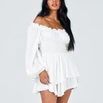 Generic Women Casual Dresses Off Shoulder Puff Sleeve Mini Dress Ruched Fairy White Dress Flowy A-Line Swing Beach Flare Dress, 1-white, Large