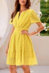 PRETTYGARDEN Women's 2025 Summer Mini Dress Short Sleeve V Neck A Line Hollow Out Lace Ruffle Cute Casual Beach Short Dresses (Yellow,Medium)