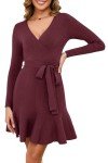 Arach&Cloz Women's 2024 Trendy Sweater Dress Long Sleeve Wrap V Neck Christmas Party Dress Fall Winter Knit Mini New Years Eve Dress with Belt (Wine Red,Medium)