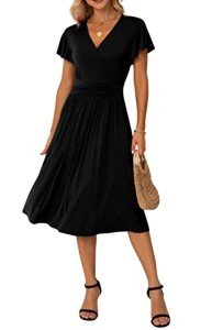 GRECERELLE Women's Summer Dress for Women Wrap V-Neck Short Sleeve Casual Wedding Guest Dress Black-L