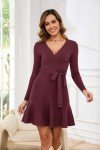 Arach&Cloz Women's 2024 Trendy Sweater Dress Long Sleeve Wrap V Neck Christmas Party Dress Fall Winter Knit Mini New Years Eve Dress with Belt (Wine Red,Medium)