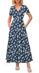 MISFAY Women's Summer Maxi Dress Wrap V Neck Elegant Long Dress Short Sleeve with Pockets,Floral Navy,S