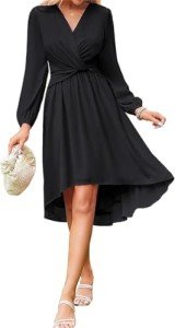 JASAMBAC Dresses for Women Wedding Guest Chiffon Wrap V Neck Empire Waist A Line High Low Flowy Casual Modest Maxi Dress Black