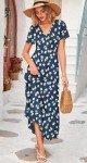 MISFAY Women's Summer Maxi Dress Wrap V Neck Elegant Long Dress Short Sleeve with Pockets,Floral Navy,S